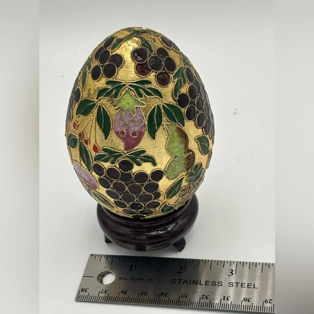 Chinese Enamel Cloisonne Egg With Stand Raised Fruit Design 4”x3”Vintage Gold